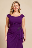 Purple Boat Neck Mermaid Chiffon Plus Size Long Mother of the Bride Dress