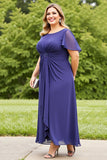 Navy Chiffon Ruched Plus Size Long Mother of the Bride Dress