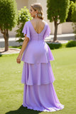 Lilac Chiffon A Line Tiered Short Sleeves V Neck Long Bridesmaid Dress