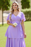 Lilac Chiffon A Line Tiered Short Sleeves V Neck Long Bridesmaid Dress