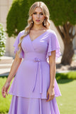 Lilac Chiffon A Line Tiered Short Sleeves V Neck Long Bridesmaid Dress