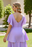 Lilac Chiffon A Line Tiered Short Sleeves V Neck Long Bridesmaid Dress