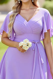 Lilac Chiffon A Line Tiered Short Sleeves V Neck Long Bridesmaid Dress