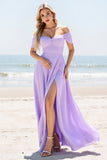 Lilac Chiffon A Line Off The Shoulder Long Bridesmaid Dress with Slit