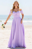 Lilac Chiffon A Line Off The Shoulder Long Bridesmaid Dress with Slit