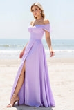 Lilac Chiffon A Line Off The Shoulder Long Bridesmaid Dress with Slit