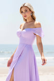 Lilac Chiffon A Line Off The Shoulder Long Bridesmaid Dress with Slit