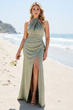 Olive Mermaid Halter Ruched Long Bridesmaid Dress