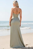 Olive Mermaid Halter Ruched Long Bridesmaid Dress