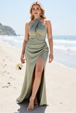 Olive Mermaid Halter Ruched Long Bridesmaid Dress