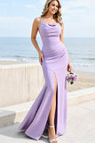 Lilac Mermaid Spaghetti Straps Long Bridesmaid Dress with Slit