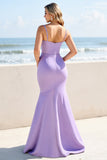 Lilac Mermaid Spaghetti Straps Long Bridesmaid Dress with Slit