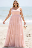 Blush Pink A Line Spaghetti Straps Pleated Plus Size Long Bridesmaid Dress