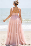 Blush Pink A Line Spaghetti Straps Pleated Plus Size Long Bridesmaid Dress