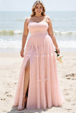 Blush Pink A Line Spaghetti Straps Pleated Plus Size Long Bridesmaid Dress