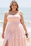 Blush Pink A Line Spaghetti Straps Pleated Plus Size Long Bridesmaid Dress