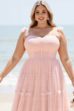 Blush Pink A Line Spaghetti Straps Pleated Plus Size Long Bridesmaid Dress