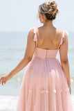 Blush Pink A Line Spaghetti Straps Pleated Plus Size Long Bridesmaid Dress