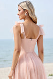 Blush Pink A Line Spaghetti Straps Pleated Long Bridesmaid Dress