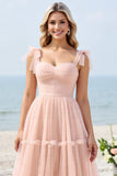 Blush Pink A Line Spaghetti Straps Pleated Long Bridesmaid Dress