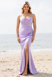 Lilac Satin Mermaid Spaghetti Straps Long Bridesmaid Dress