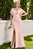 Candy Pink Chiffon Mermaid Short Sleeves Plus Size Long Bridesmaid Dress
