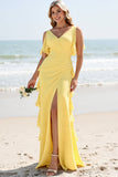 Daffodil Sheath Spaghetti Straps Chiffon Long Bridesmaid Dress