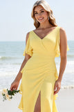Daffodil Sheath Spaghetti Straps Chiffon Long Bridesmaid Dress