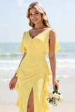 Daffodil Sheath Spaghetti Straps Chiffon Long Bridesmaid Dress