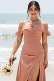 Sunset Cold Shoulder A Line Long Bridesmaid Dress with Slit