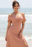 Sunset Cold Shoulder A Line Long Bridesmaid Dress with Slit