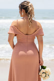 Sunset Cold Shoulder A Line Long Bridesmaid Dress with Slit