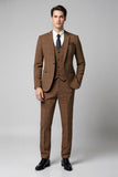 3 Piece Slim Fit Checked Notched Lapel Brown Men's Suits