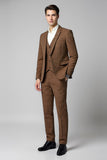 3 Piece Slim Fit Checked Notched Lapel Brown Men's Suits