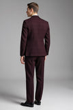 Burgundy 3 Piece Plaid Notched Lapel Slim Fit Men's Suits