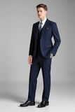 Navy Notched Lapel Slim Fit 3 Piece Pinstripe Men's Suits