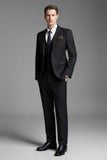 Solid Black Slim Fit Notched Lapel 3 Piece Men's Suits