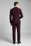 Plaid Notched Lapel 3 Piece Burgundy Men's Suits