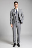 Slim Fit Notched Lapel 3 Piece Plaid Grey Men's Suits