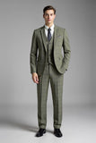 Grey Green 3 Piece Notched Lapel Plaid Men's Suits