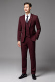 Burgundy 3 Piece Notched lapel Single Breasted Men's Formal Suits