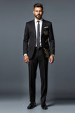 Black Slim Fit 2 Piece Single Breasted Men's Formal Suit with Gold Embroidery