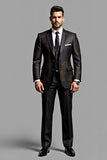 Black Notched Lapel Embroidered Single Breasted 3 Piece Men's Formal Suits