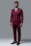 Burgundy Double Breasted Notched Lapel 2 pieces Men's Formal Suits