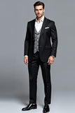 Black Peak Lapel Stripe Single Breasted 3 Piece Men's Party Suits