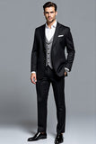Black Peak Lapel Stripe Single Breasted 3 Piece Men's Party Suits