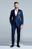 Dark Blue Notched Lapel Embroidery Single Breasted 2 Pieces Men's Suits