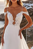 Ivory Chiffon Sweep Train Cold Shoulder Boho Wedding Dress with Lace