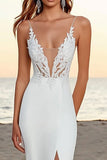 Ivory Sweep Train Spaghetti Straps Mermaid Boho Wedding Dress with Slit