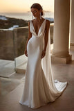 Ivory Mermaid V Neck Satin Long Wedding Dress with Watteau Train